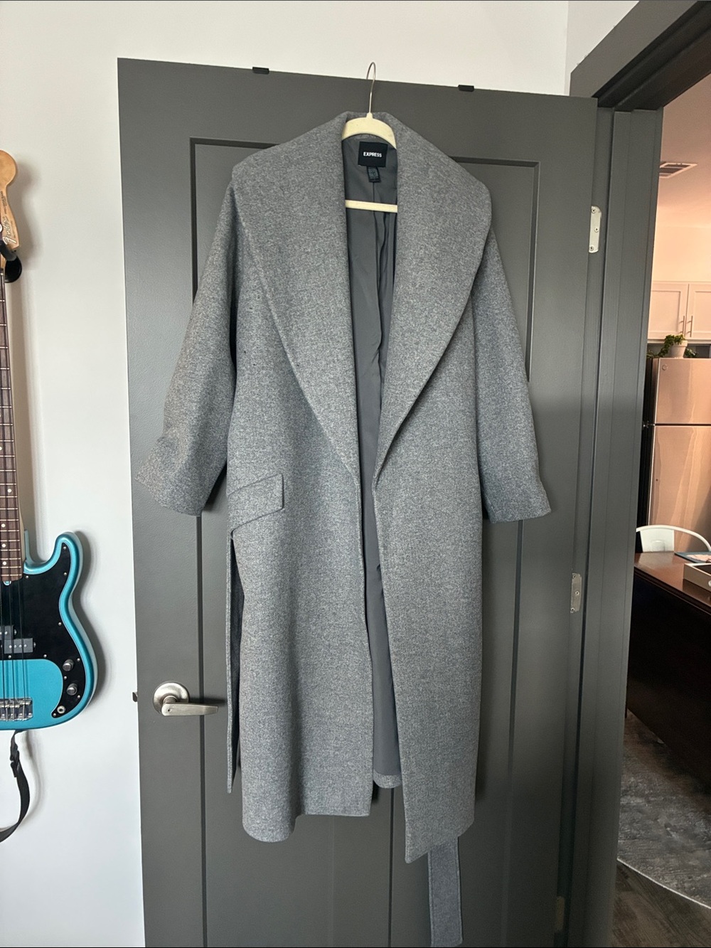 Express Womens Gray Wool-Blend Wrap Trench Coat